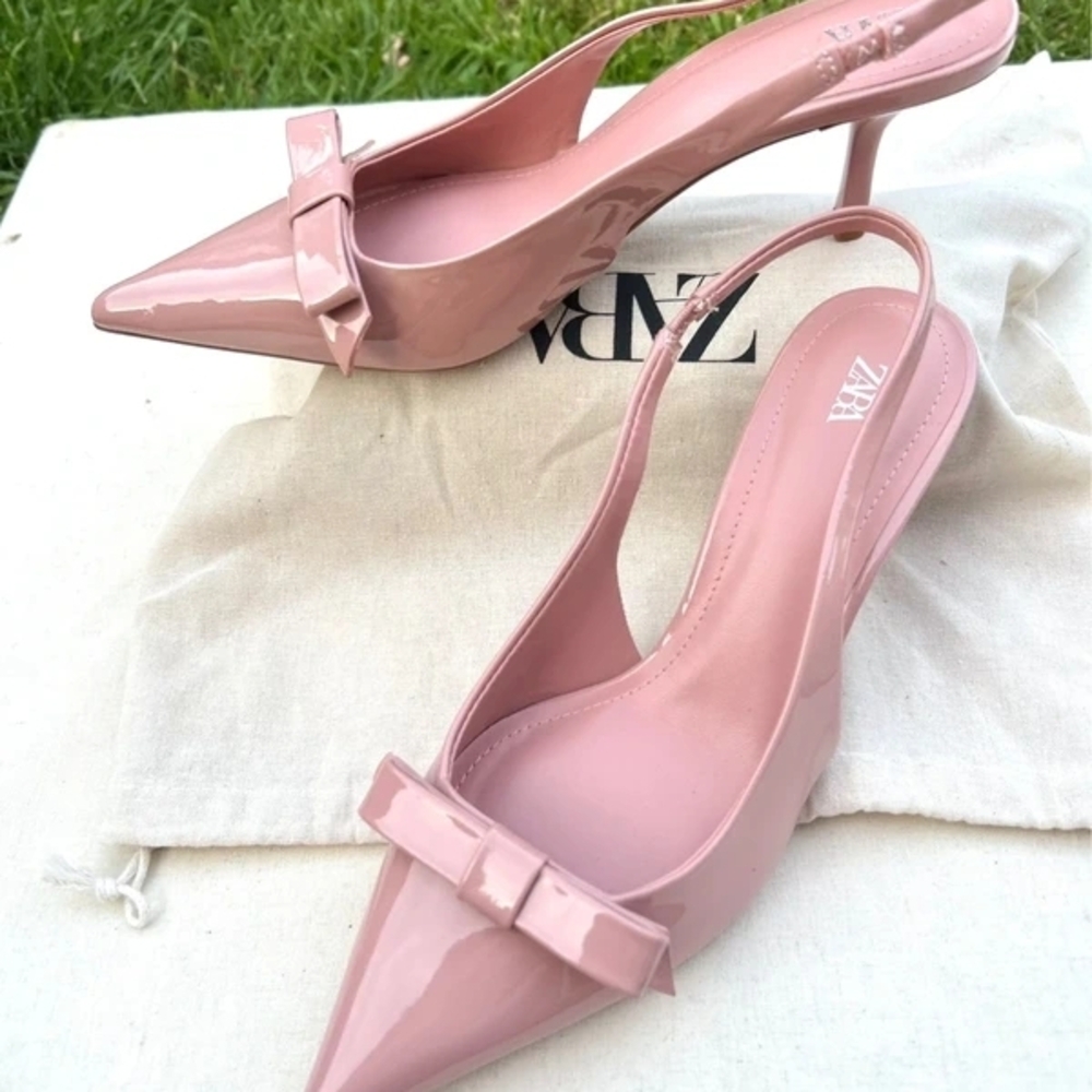 Zara Blush Patent Pointed Slingback Heels with Bow